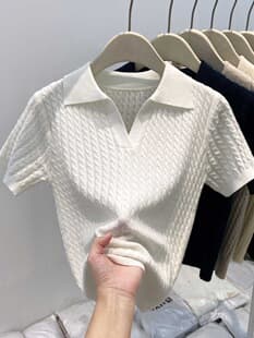 Vintage Cable Knit Polo Short Sleeve Sweater for Women New Summer Square Shoulder V-Neck Slim Cropped Top Trendy One Size