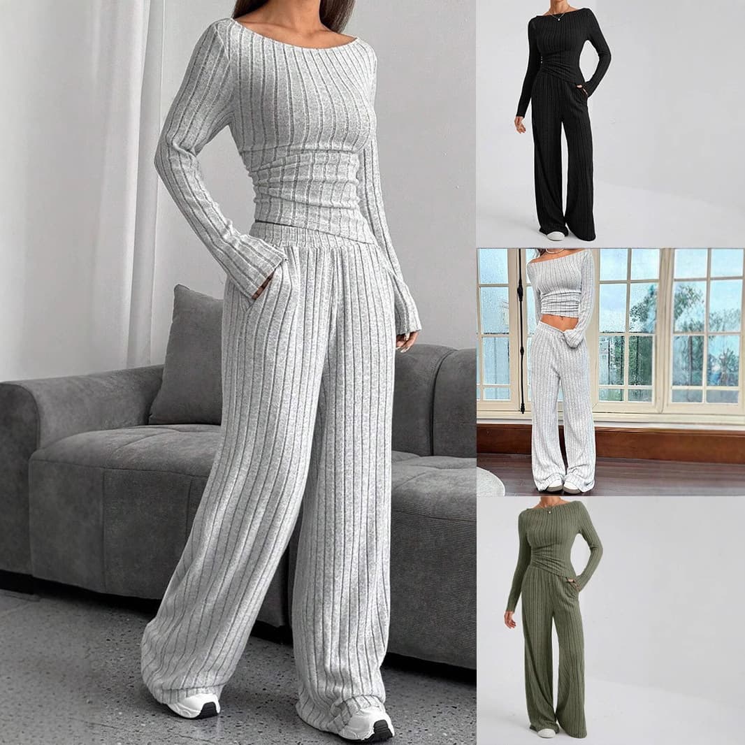 European and American Cross-border Trade 2025 Autumn/Winter Casual Solid Color High-neck Knitted Long-sleeve Side Waist-tightening Loose Pants Two-piece Set
