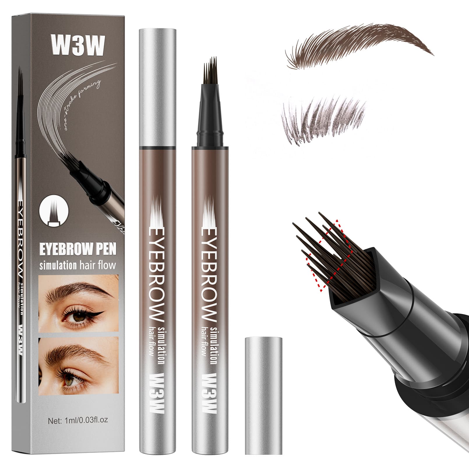 Amazon's Tk Hot-Selling W3W Multi-Bristle Eyebrow Pencil Double-Ended Waterproof Quick-Dry Non-Smudge Wild Eyebrow Liquid Eyebrow Pencil