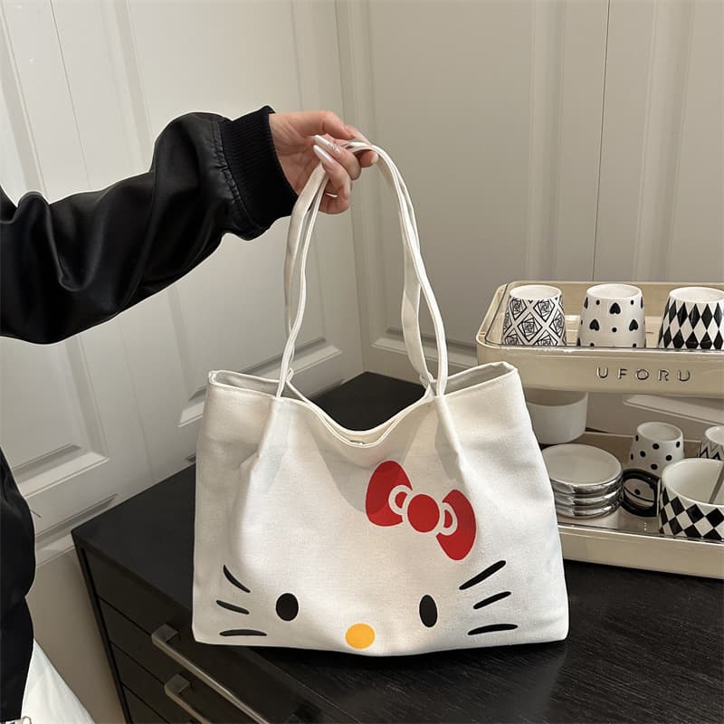New HelloKitty Large Capacity Canvas Tote Bag Women's Versatile Commuting Shoulder Bag Cute Student Shopping Bag