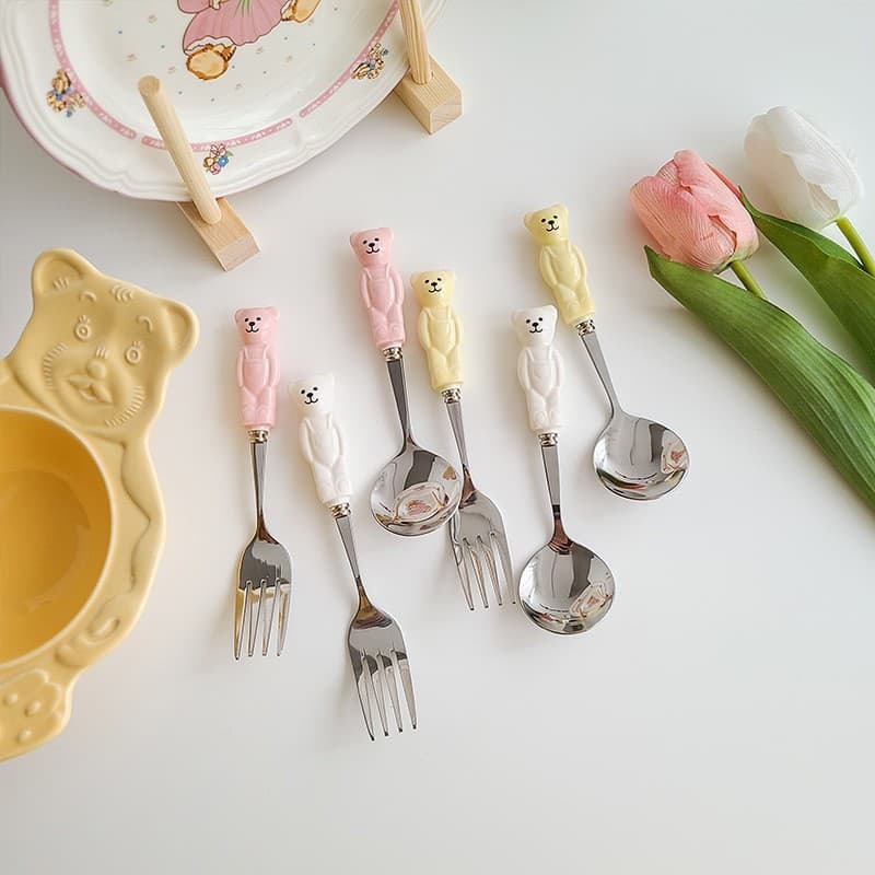 Korean Ins Bear Cartoon Ceramic Bowl Stainless Steel Dessert Spoon Fork Fruit Spoon Fork Stirring Spoon