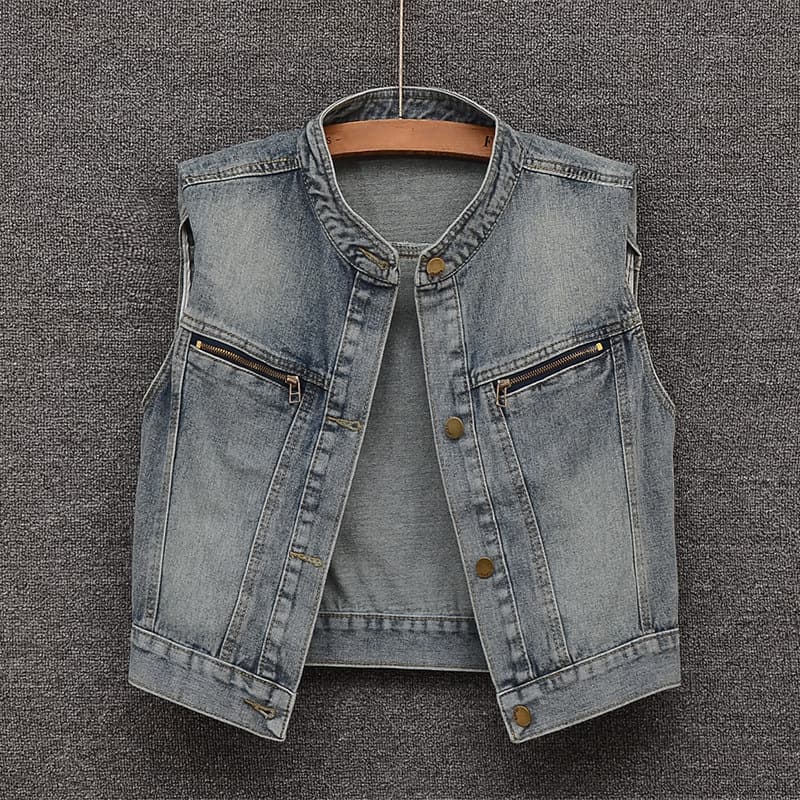 American Retro Stand Collar Fashion Denim Vest Women Vest 2026 Summer New Sleeveless Slimming Shoulder Vest Short Vest
