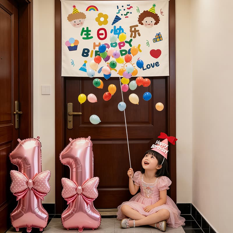 Little Girl Pull String Balloon Drop Birthday Decoration Scene Atmosphere Living Room Background Surprise First Birthday Party
