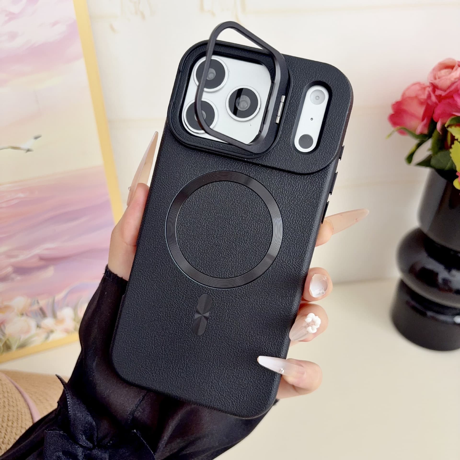 Leather Texture Magnetic Stand Phone Case for iPhone 17 Pro Max, Shockproof Protective Cover for Apple 16 Pro 15