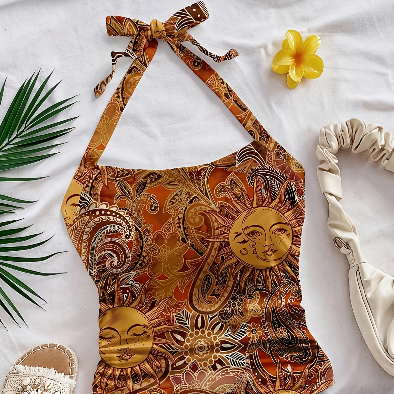 Amazon's best selling knitted retro sun god printed halterneck suspender short slim top women's resort style suspender belt