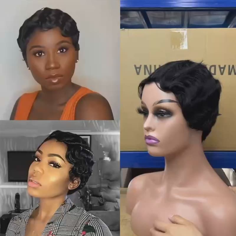 Wig Full Head Cover Female Real Hair Shanghai Retro Head Wig Short Curly Hair Human Hair Pixie Wig