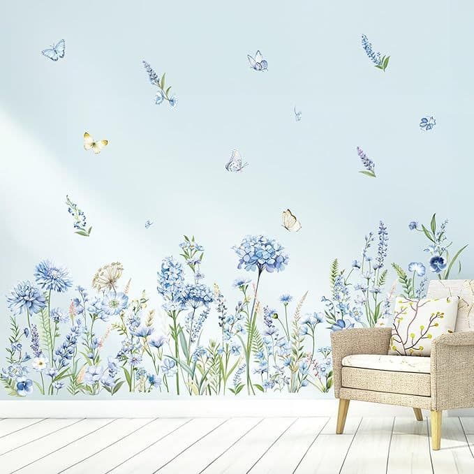 Wildflower Wall Sticker Blue Floral Garden Wall Decal for Girls Bedroom Baby Nursery Living Room Wall Decor
