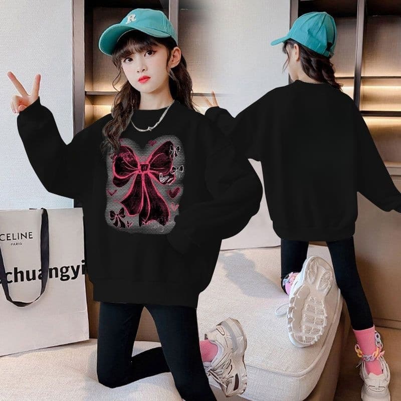 Girls' Sweatshirt Spring Long-Sleeve 2026 New Stylish Bowknot Design for Older Children Spring and Autumn Children's Clothing Trendy Top