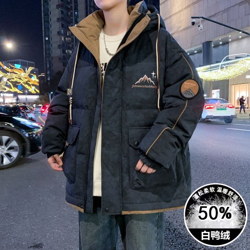 New winter 2025 white duck down down jacket for men fake two-piece coat duck down thickened warm trendy hooded youth