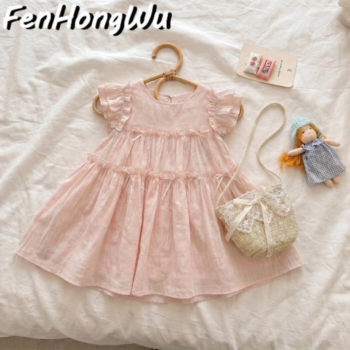 [Pink House] American Style Girls Butterfly Sleeve Dress Summer Pink Bow Princess Dress Fashionable Short Skirt