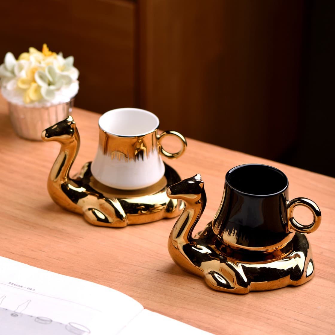 Electroplated Luxury Afternoon Tea Set, Vintage Camel Gold-Plated Cup and Saucer Set for Coffee and Water