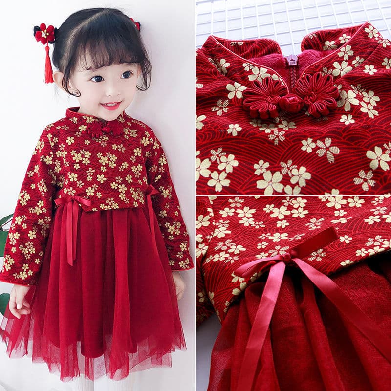 New Year Dress for Girls 1-8 Years Old, Winter Hanfu Dress with Fleece Lining, Children's Winter Cheongsam Skirt
