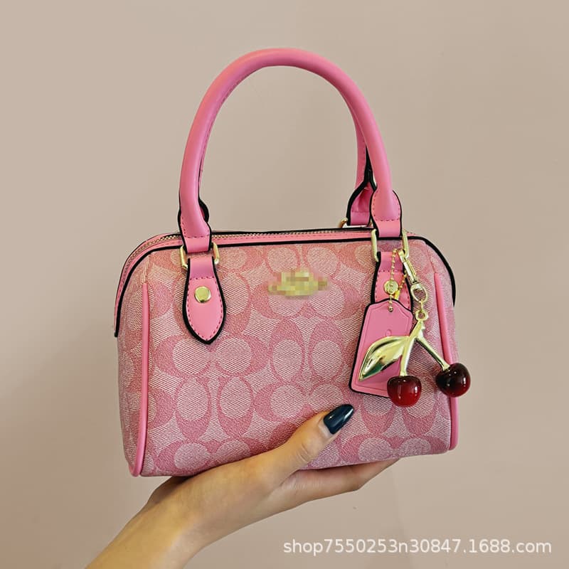 Kou Vintage Boston Bag for Women, Pillow Bag Handbag with Cherry Charm, Fashionable Shoulder and Crossbody Bag