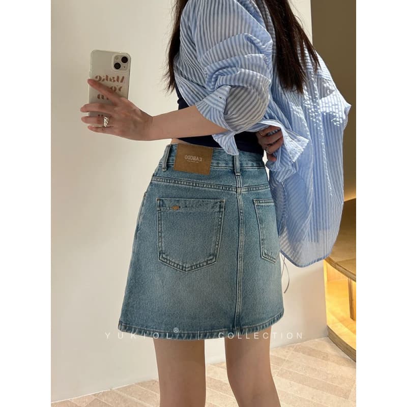 Denim Skirt for Women Summer Half Skirt Thin Slimming High Waist Light Blue Non-Stretch Slit A-Line Skirt