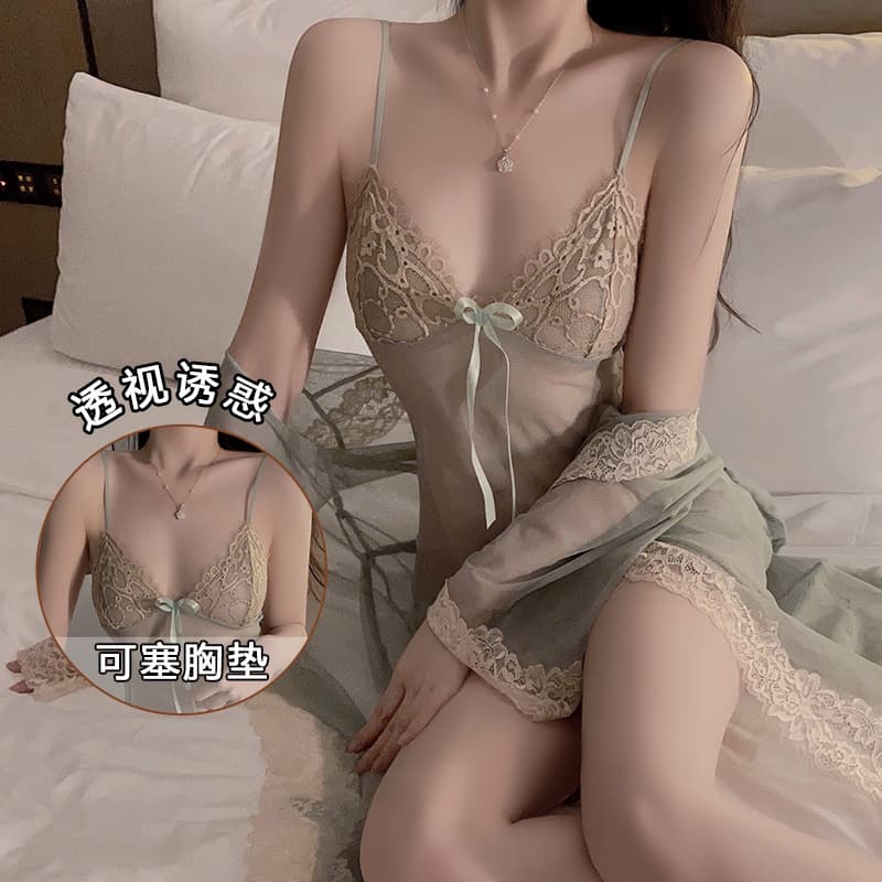 Guiruo Autumn and Winter Lingerie Sexy Mesh Sheer Temptation Plus Size Camisole Nightgown Robe Uniform Set 3883