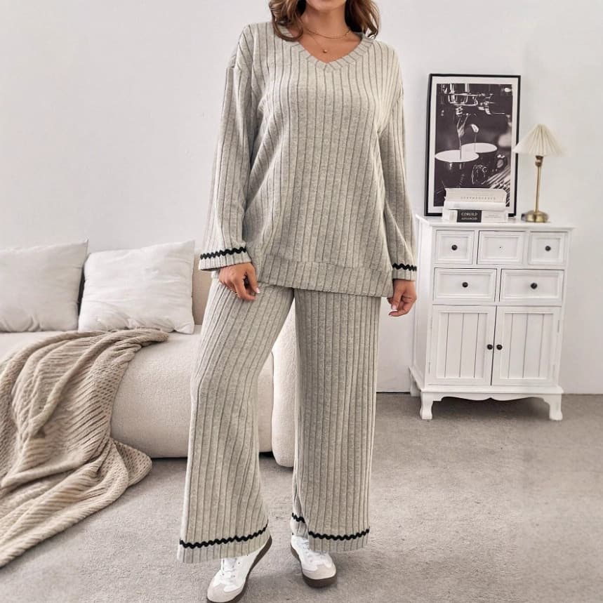 Amazon 2025 Fall/Winter Ribbed Knit Lounge Set Comfortable Casual V-Neck Long Sleeve Top and Pants Set Plus Size