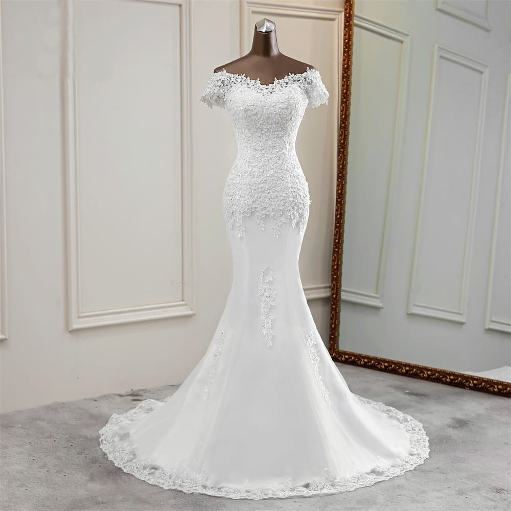 2025 New European and American Strapless Mermaid Wedding Dress with Fishtail Train, Sheer Back Lace Wedding Gown