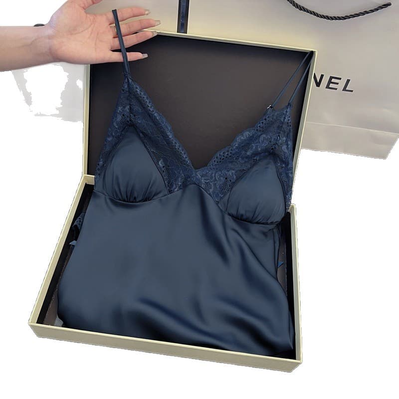 Sexy Nightgown for Women Summer Ice Silk 2025 New Nude Lace Premium Light Luxury with Padded Strappy Sleep Dress