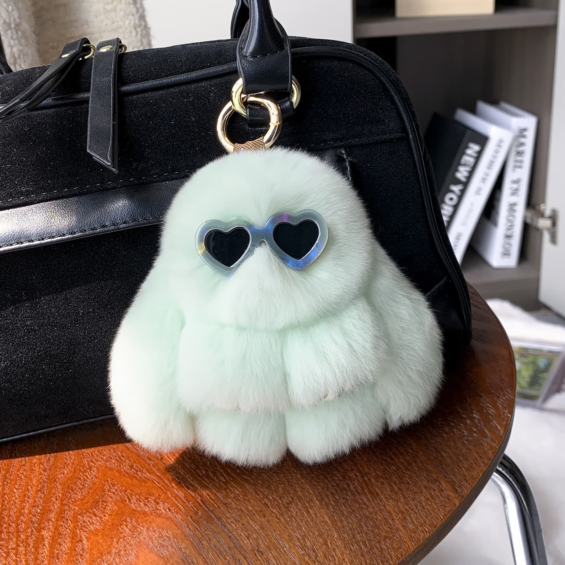 Rex Rabbit Fur Plush Bunny Keychain, Cute Lazy Rabbit Pendant, Real Fur Rabbit Bag Charm for Women