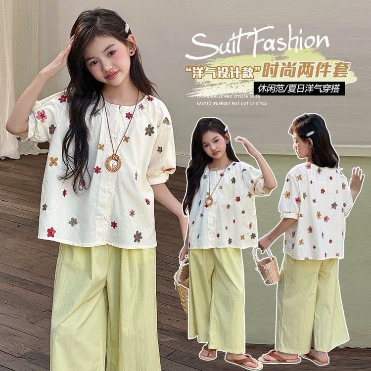 Children's Two-Piece Set Fashionable Four-Season 2026 New Wide-Leg Pants Casual Girls Short Sleeve T-Shirt Two-Piece Set