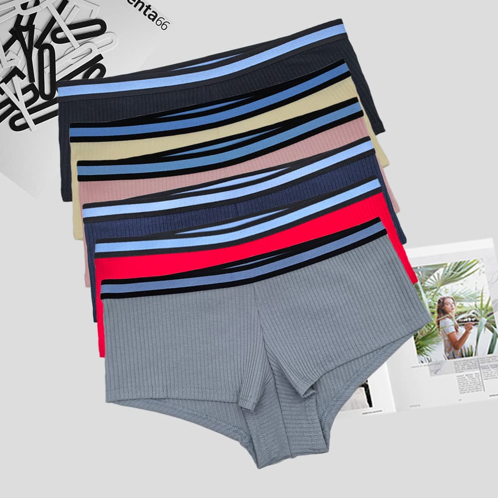 Factory Export Cross-Border Women's Underwear Comfortable Breathable Ribbed Cotton Solid High Elastic Waistband Women's Boxer Briefs