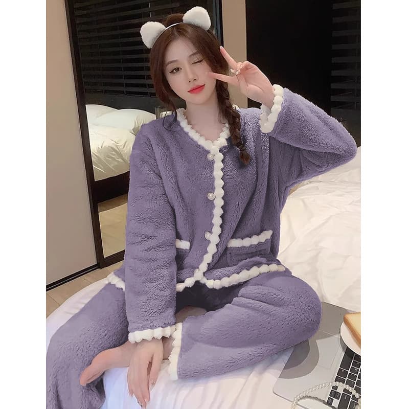 2024 Flannel V-Neck Pajama Set for Women Winter Coral Fleece Soft Skin-Friendly Loungewear Korean Style Premium Look