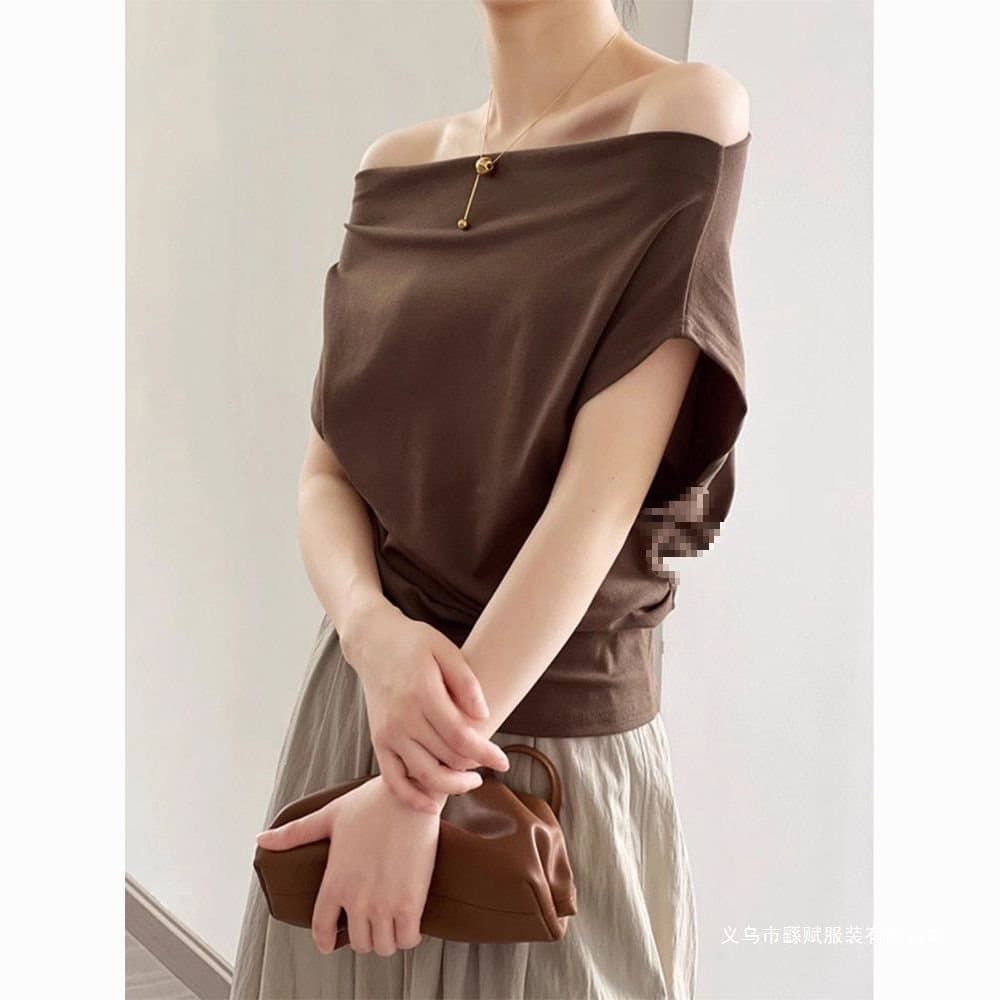 Black Knitted Short-Sleeve Top for Women, Summer Solid Color Design, Off-Shoulder Crop Top