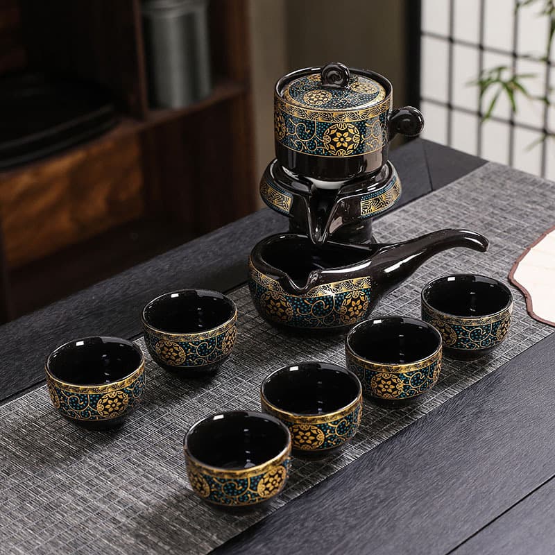 Retro Ceramic Lazy Automatic Mill Tea Set, Rotating Water Outlet Home Living Room Office Kung Fu Brewing Device