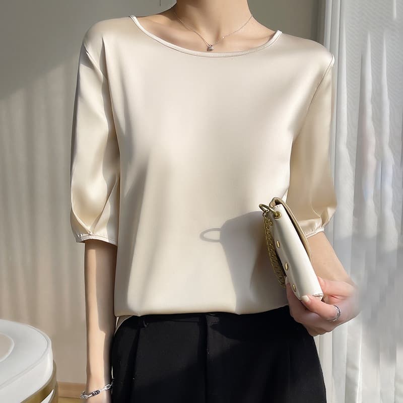 Breathable Silk Satin 2026 Spring/Summer New Women's Round Neck Loose Fit Solid Acetate Satin Versatile T-Shirt Top