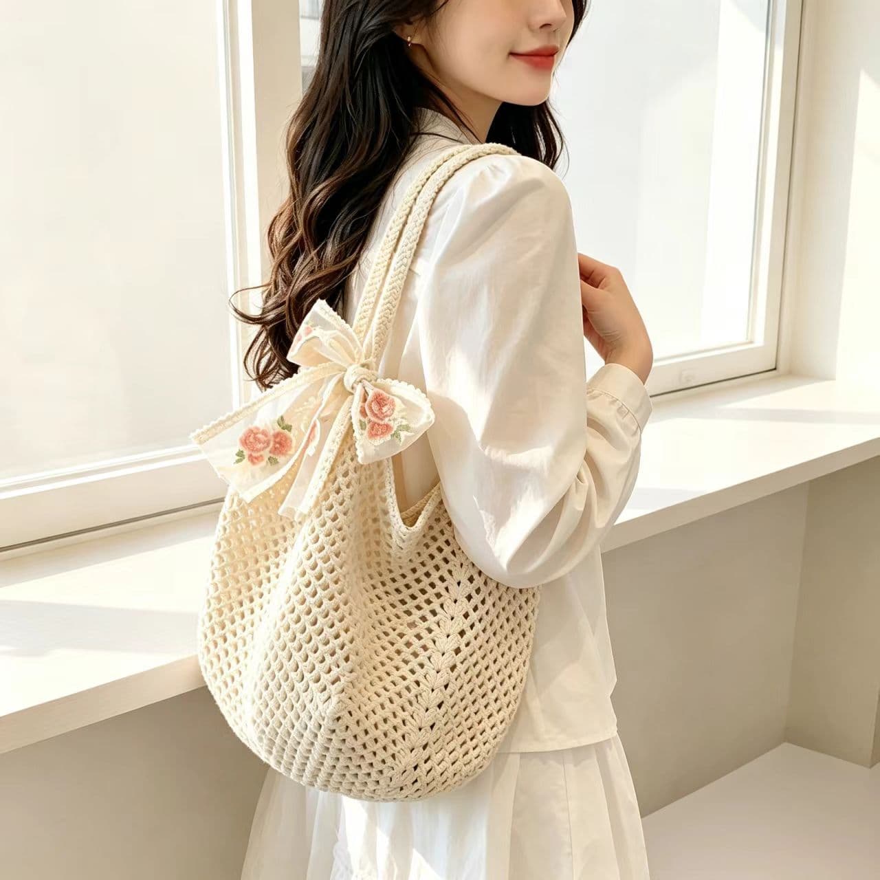 Hollow hand-woven bag women's casual large-capacity straw bag seaside vacation beach bag knitted tote bag