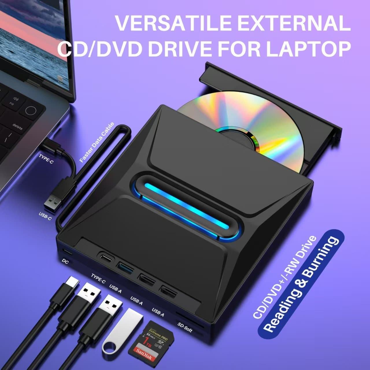 Cross-border Wholesale USB/Type-C Mobile DVD Burner SD/TF Card 7-in-1 Multi-function External Optical Drive