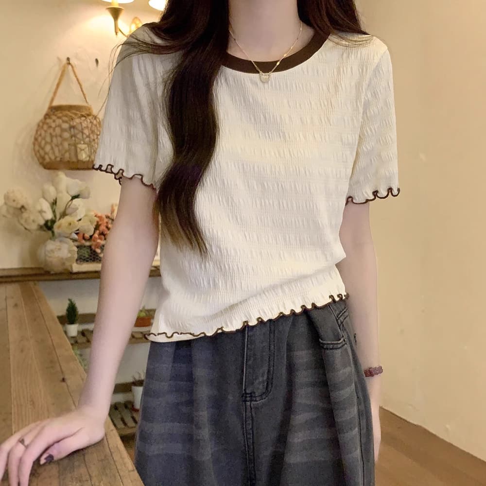 Summer New Contrast Ruffle Thin Short Sleeve T-Shirt for Women Korean Style Youthful Short Versatile Top
