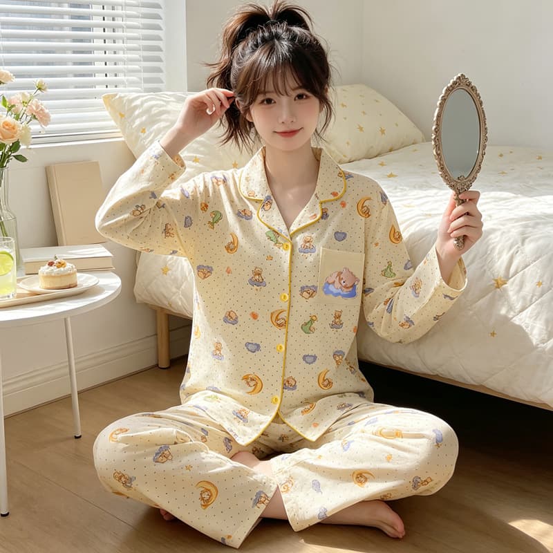 Cream Storm Dot Good Night Bear Cartoon Pajamas Women Autumn New Long Sleeve Comfortable Home Clothes Pure Cotton Suit Wholesale