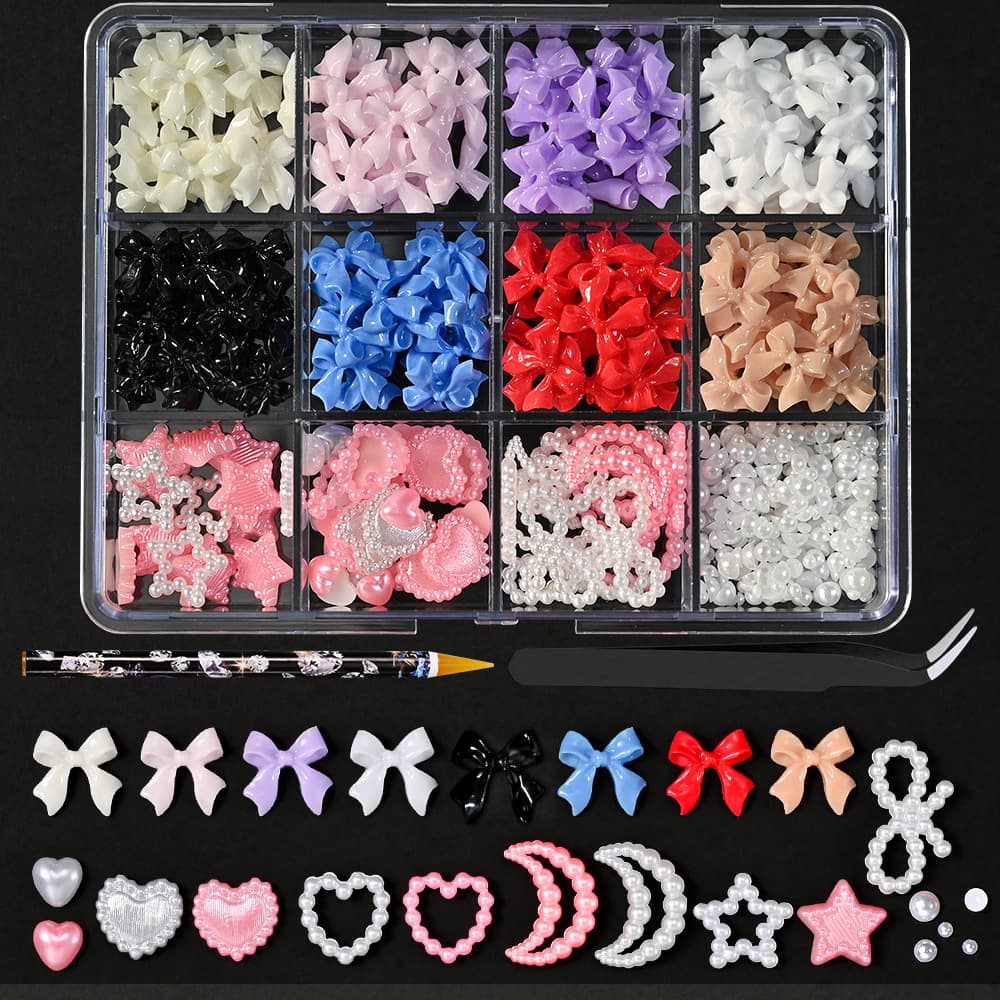Cross-border 12-grid Bow Nail Art Decoration Set Girl Nail Accessories Resin Bow Pearl Nail Decor