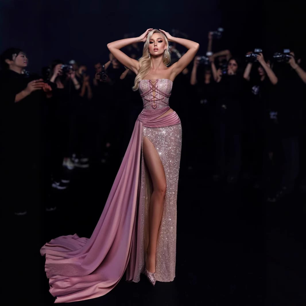 European and American party dress pink tube top mesh V-neck pearl chain hairpin ribbon velvet sexy dress for women