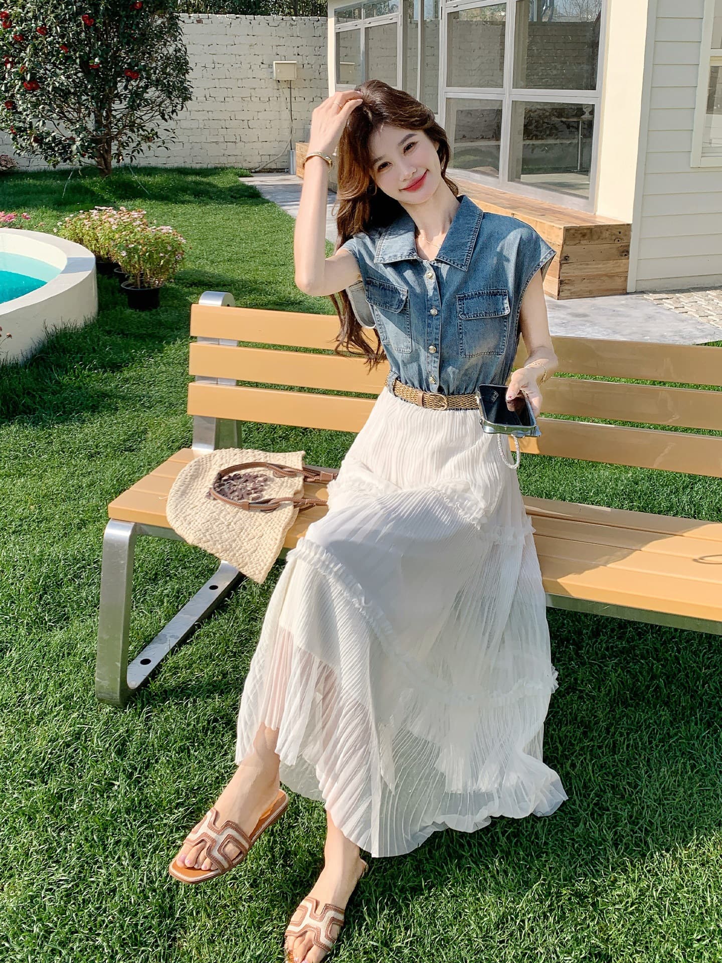 Blue Design-Inspired Denim Patchwork Mesh Dress for Women, Summer Korean Style, Elegant High-Waisted Ruffled Ankle-Length Dress