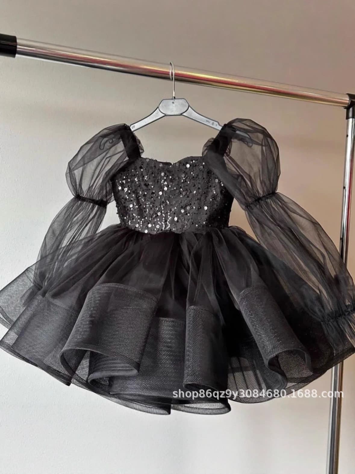 First Communion Dress Long Sleeve Tulle Sequin Flower Girl Dress Bow Decor Princess Party Gown