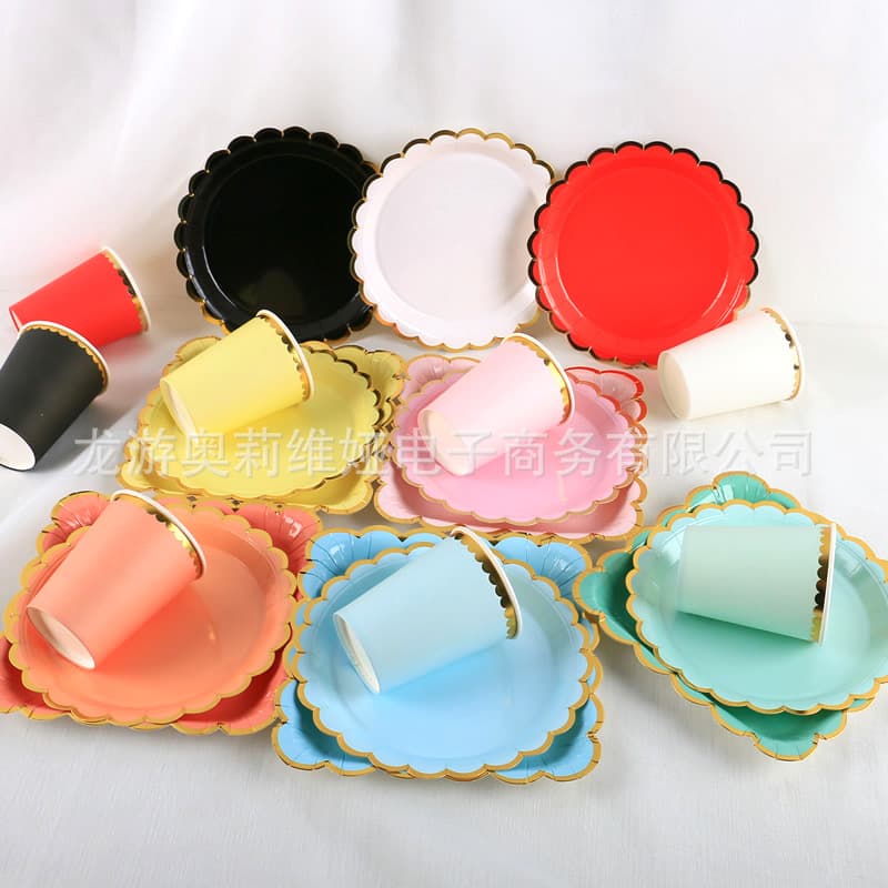 Gold Foil Edge Disposable Paper Plates and Cups for Parties, Picnics, Camping, Birthday Cake Plates, Snack Trays, Party Tableware