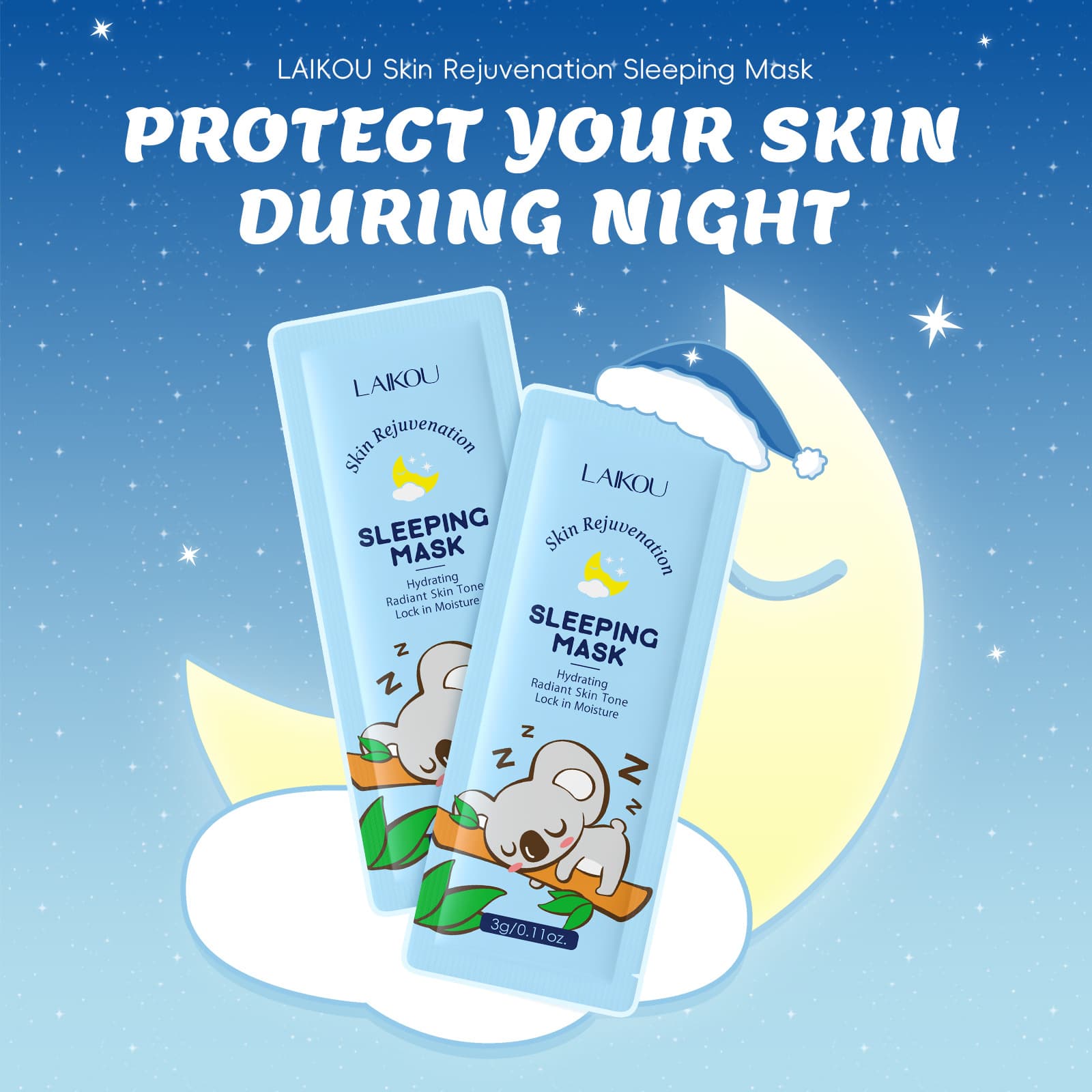 Cross-border LAIKOU Koala Care full English Sleep Mask Sheet single piece 3g moisturizing foreign trade mask