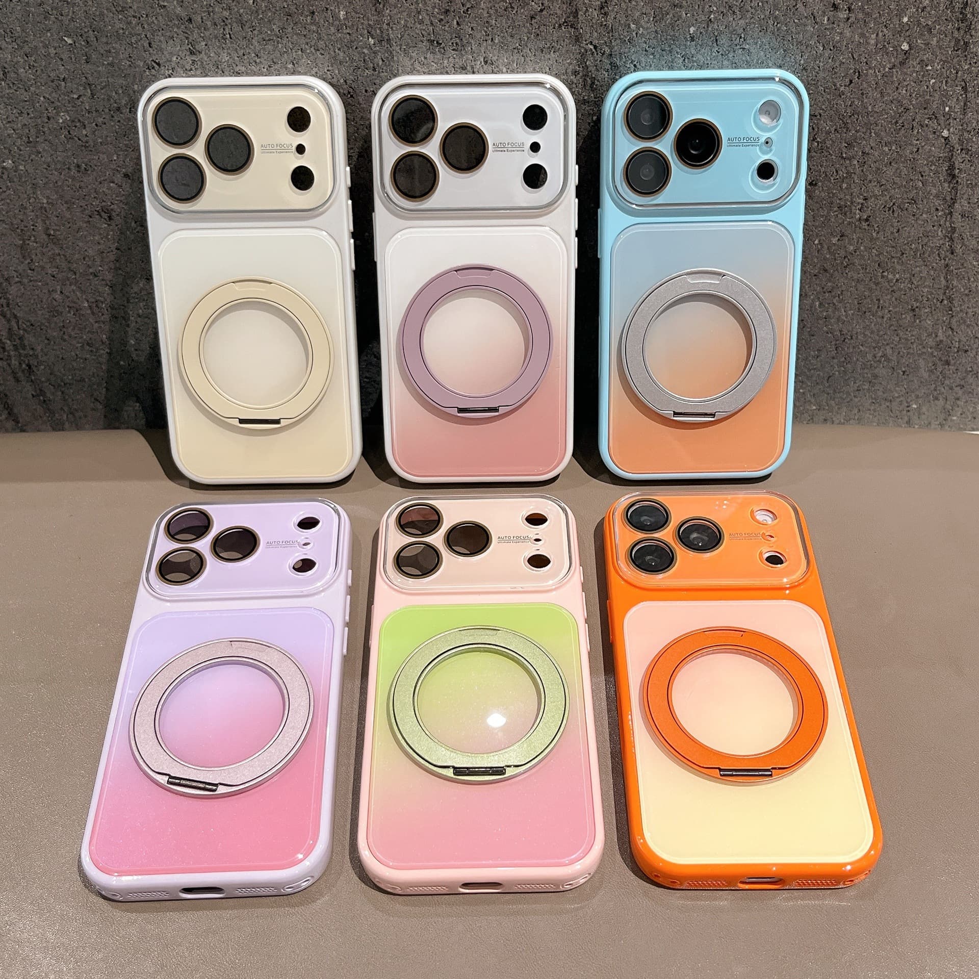 New Gradient Ombre Color Block Phone Case for iPhone 17 15 Apple 16 Pro Max Full Coverage Lens Stand