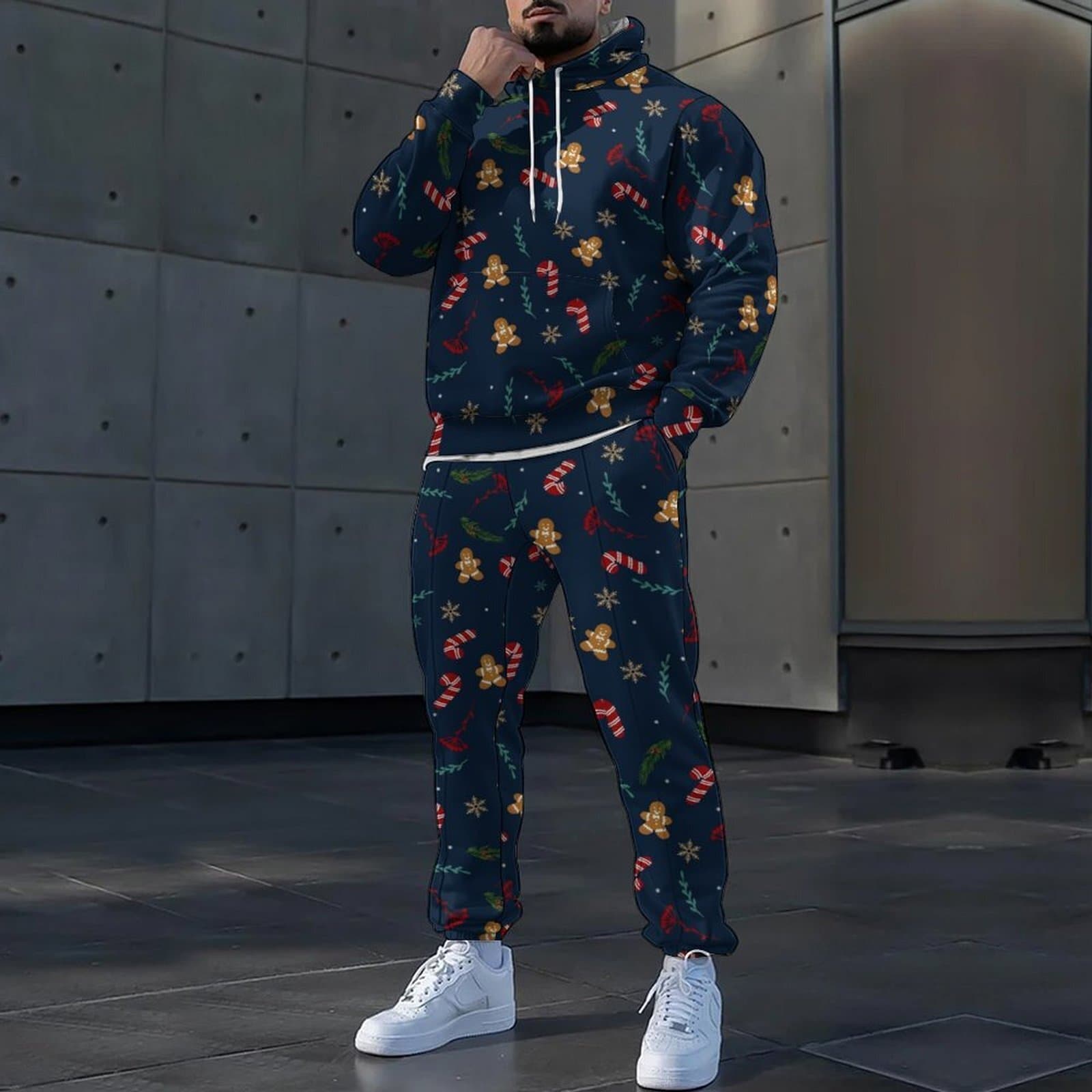 European and American Men's Casual Four-Season Hooded Sweatshirt Two-Piece Set Christmas Long-Sleeve Long Pants Digital Print Men's Suit