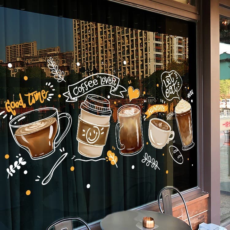 Coffee Shop Window Decals, Static Cling Decor, Scene Setup Wall Stickers, Cold Drink, Ice Cream, Bubble Tea Shop Glass Door Stickers