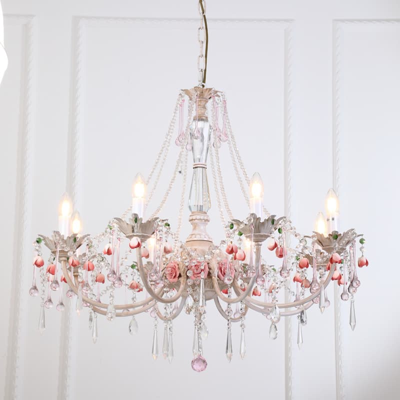 French Retro Living Room Chandelier Luxury Crystal Candle Light Mid-Century Romantic Rose Flower Dining Room Bedroom Lighting