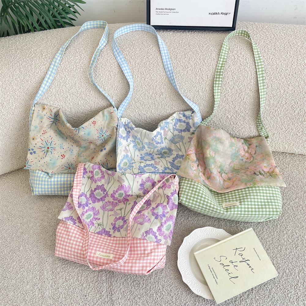 65155 Blue Plaid Firework Print Tote Bag Patchwork Style Korean Girl School Commute Large Capacity Shoulder Bag