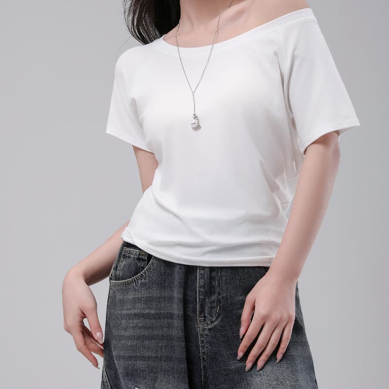 Uncle Carrot White Short Sleeve Right Shoulder T-Shirt for Women 2026 Summer Thin One Shoulder Cotton T-shirt Bottoming Top for Women
