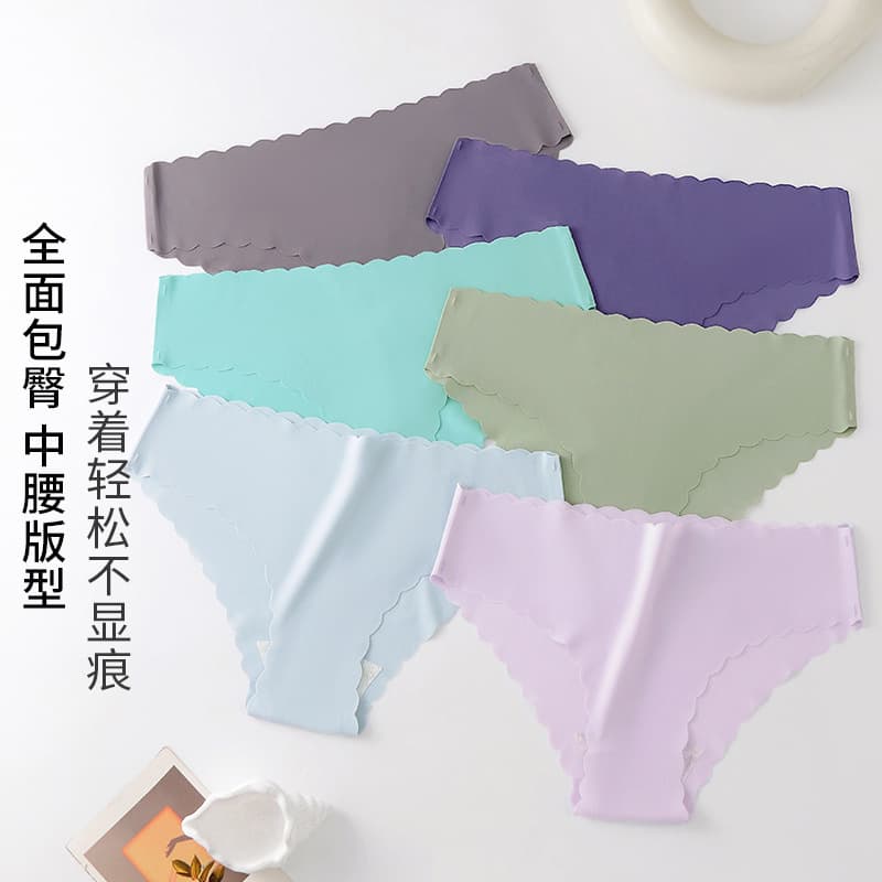 Women's Beach Thong Underwear, Pure Cotton Gusset, Summer Thin Style, Sexy Ice Silk Panties, Mid-Rise Wave Edge Triangle Panties