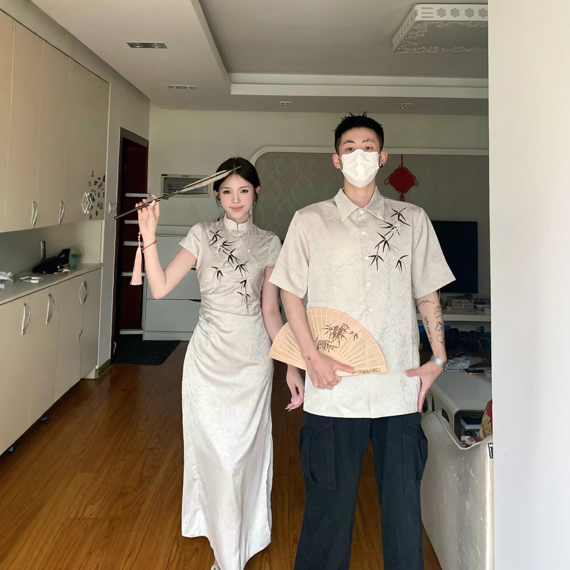 New Chinese style couple wear summer French niche design short-sleeved shirt women's cheongsam dress one skirt and one trendy dress