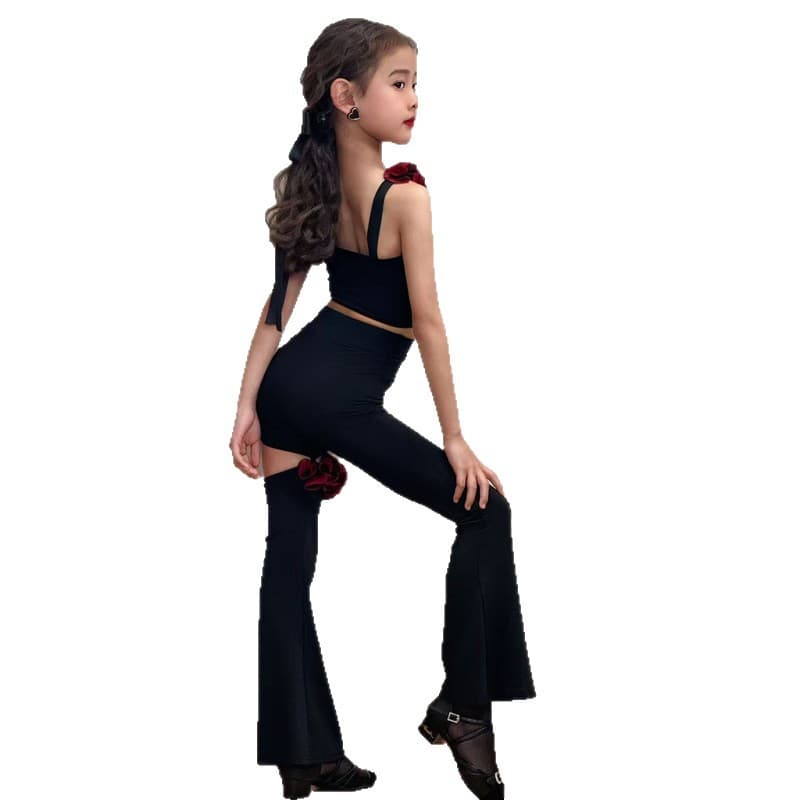 FAZ Children's Advanced Latin Dance Training Outfit for Girls, Professional Lace Training Pants Performance Wear