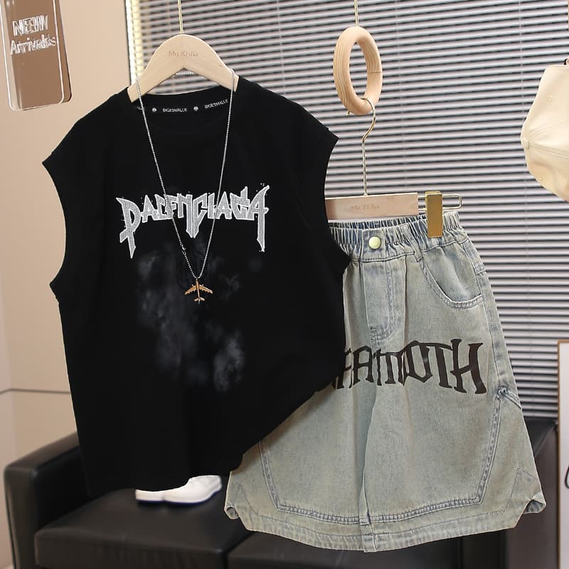 Boys Summer Fashion Denim Set 2026 New Kids Sleeveless Vest Two-Piece Loose Cool Style