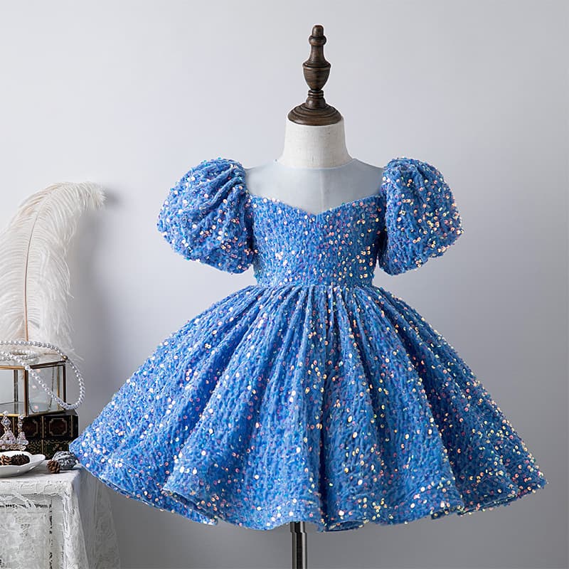 Children's Sequin Dress Girls Blue Princess Dress Birthday Toddler Baby Runway Host Piano Performance Costume